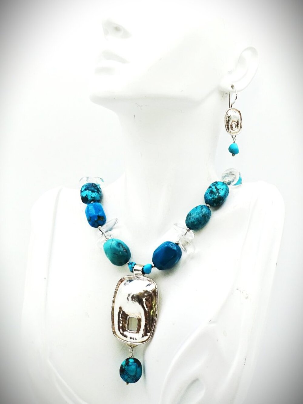 AVI SOFFER Sterling Silver Genuine Turquoise Beads Necklace & Earrings Set